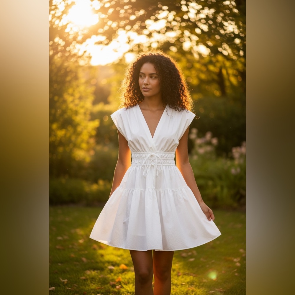 Derek Lam Tora V Neck White Cotton Short Fit & Flare Summer Dress